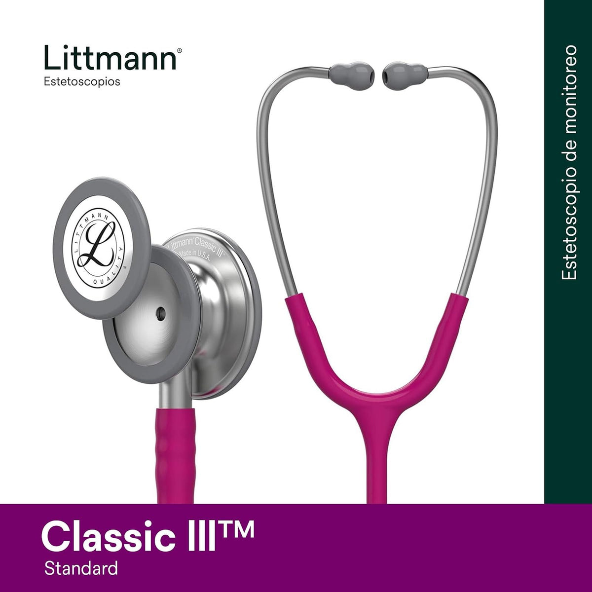 3M Littmann Estetoscopio Classic III, Manguera Color Frambuesa, Acabado Standard, 69 cm (Modelo 5648)
