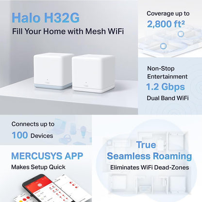 TP-Link MERCUSYS Halo Mesh, Sistema WiFi Mesh para tu hogar, Doble Banda AC1200, 2 Puertos Gigabit, Cobertura de hasta 3,500 Pies Cuadrados y Más de 100 Dispositivos. Halo H32G (2-Pack)