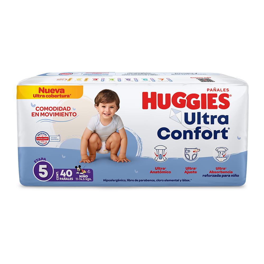 Huggies UltraConfort Pañal Desechable para Bebé, Etapa 5 Niño, Paquete con 40 Piezas, Ideal para niños de 11 a 14.5 kg