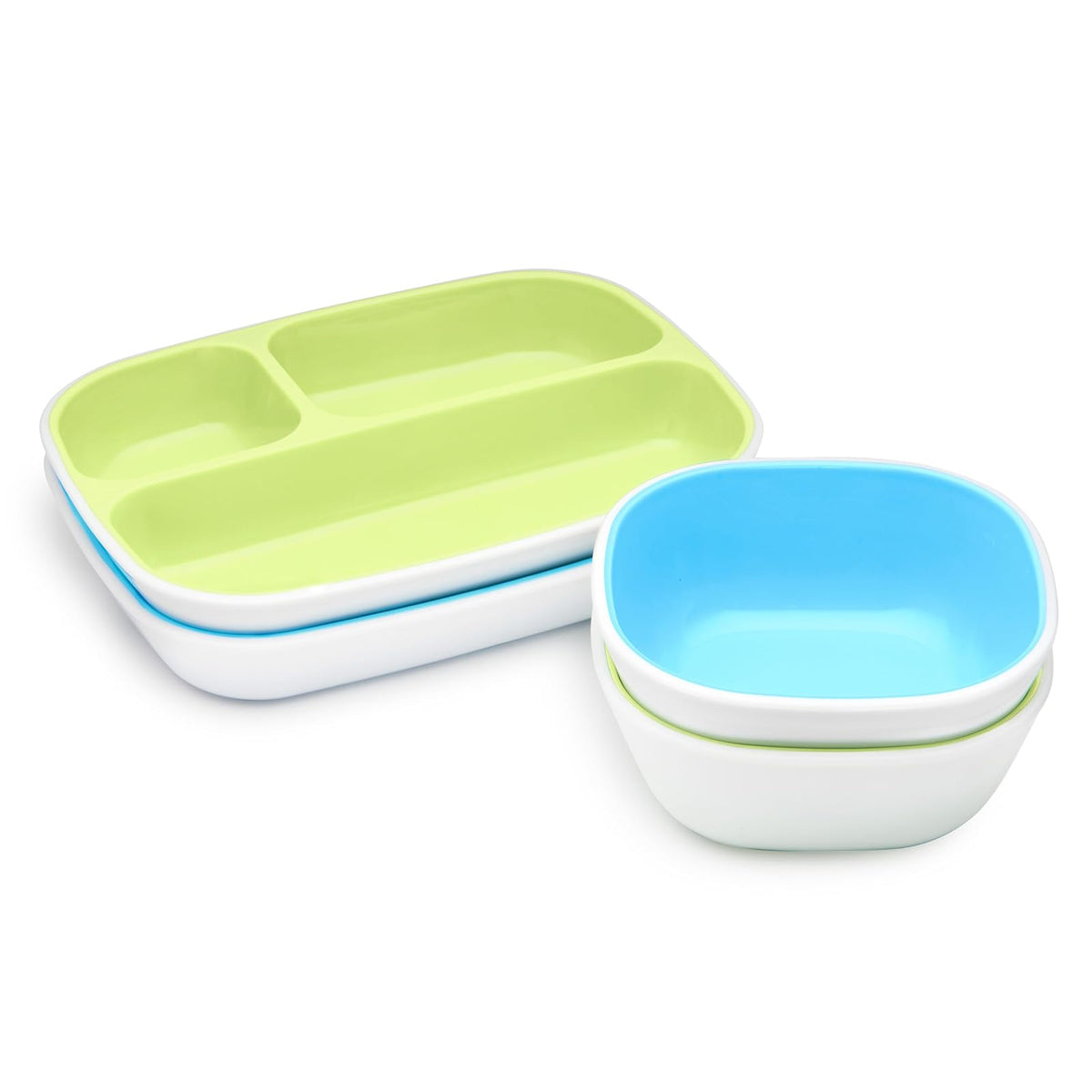 Munchkin Splash juego de comedor de 4 piezas para niños pequeños con plato dividido y tazón, Azul/Verde, 4 Piezas