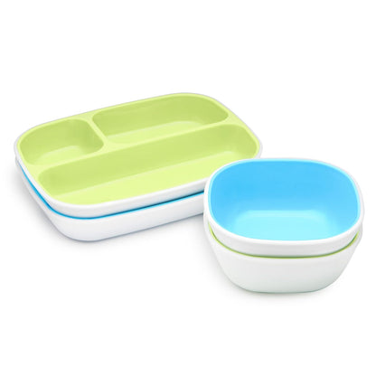 Munchkin Splash juego de comedor de 4 piezas para niños pequeños con plato dividido y tazón, Azul/Verde, 4 Piezas
