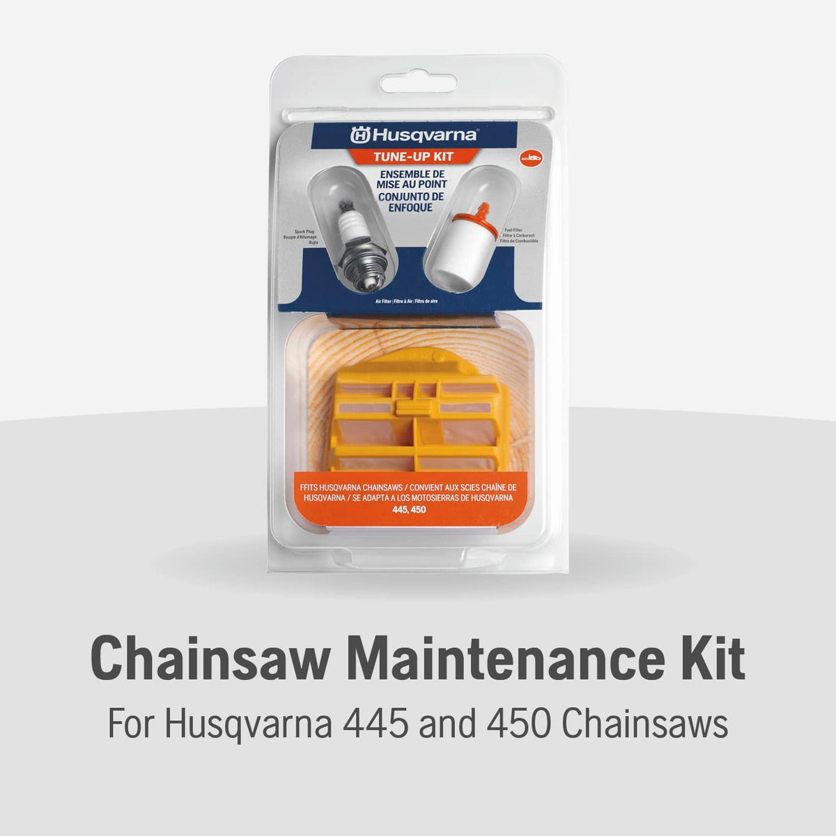 Husqvarna 599333701 455R/460R Kit de mantenimiento de motosierra, kit de ajuste de piezas de motosierra fácil de instalar, incluye filtro de aire, filtro de combustible y bujía