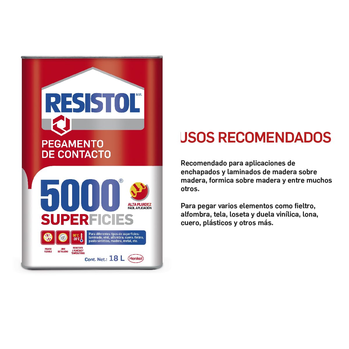 Resistol 5000 Superficies, pegamento para armado, bricolaje, laminado, enchapado y ensamble, adhesivo de fuerte agarre para madera, fieltro, cuero, metal y otros materiales, 1x18lt