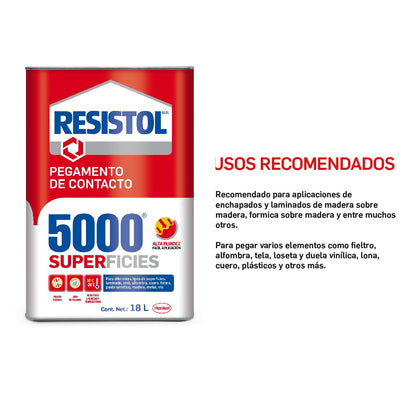 Resistol 5000 Superficies, pegamento para armado, bricolaje, laminado, enchapado y ensamble, adhesivo de fuerte agarre para madera, fieltro, cuero, metal y otros materiales, 1x18lt
