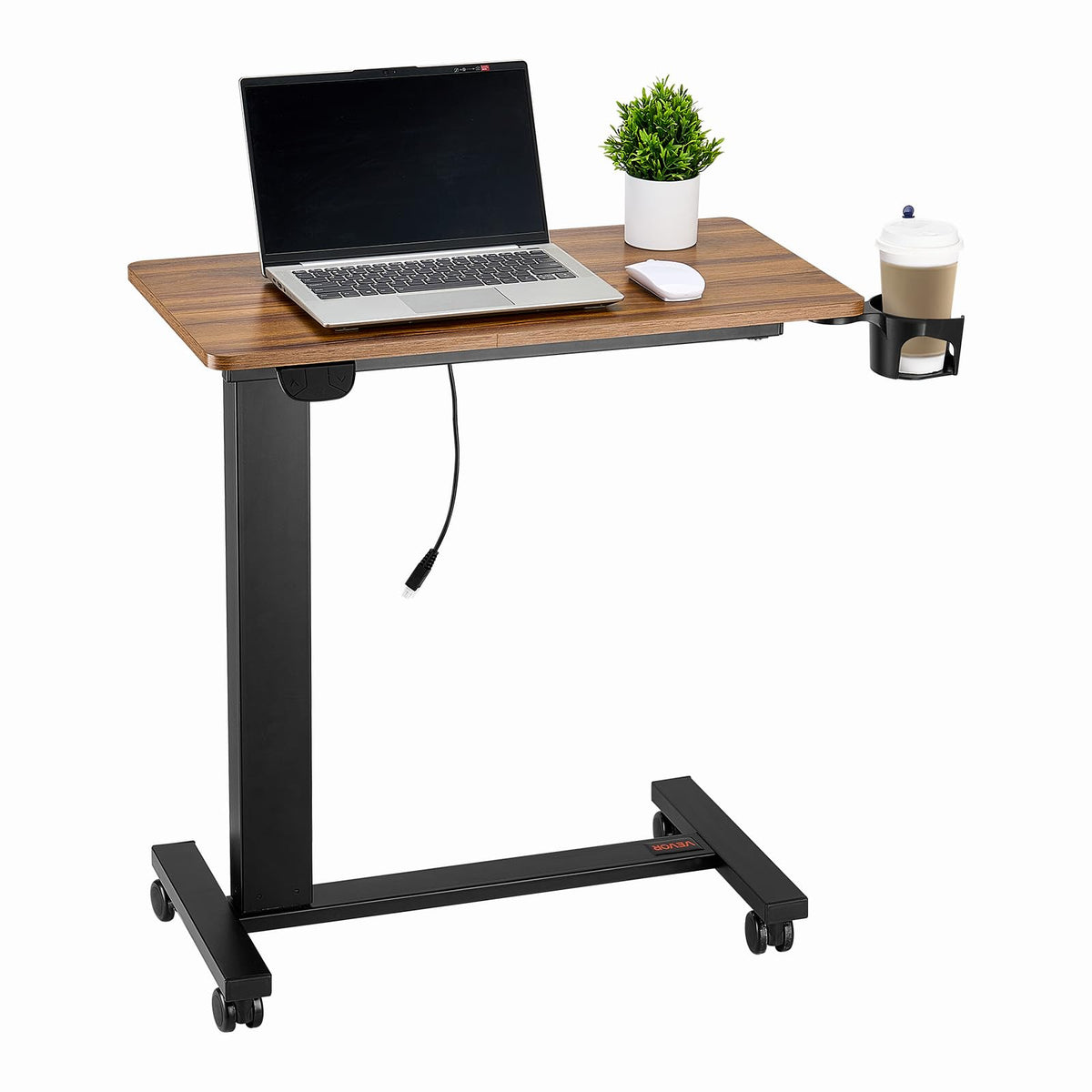 VEVOR Mesa de Cama Ajustable con Ruedas y Portavasos - Escritorio Eléctrico - Madera + Negro
