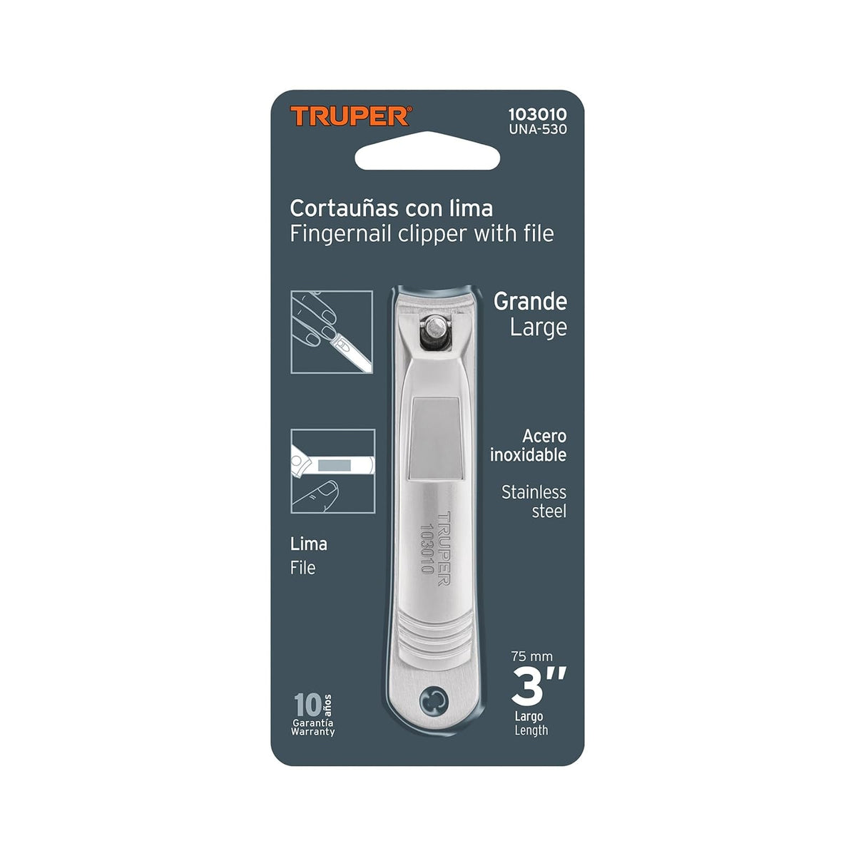 Truper UNA-530, Corta uñas 3" acero inoxidable acabado niquelado