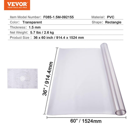 VEVOR Mantel Rectangular Transparente Esmerilado 914x1524 mm Grosor de 1,5 mm Película de PVC para Mesa Impermeable Fácil de Limpiar Protector de Mesa para Oficina, Cocina, Restaurante, Comedor