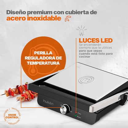 Hukën x MasterChef | Parrilla Eléctrica Multifuncional XL GRILL PRO | Apertura 180° | Perilla de Temperatura | Parrillas Antiadherentes | Bandeja de Goteo | Diseño Acero Inoxidable