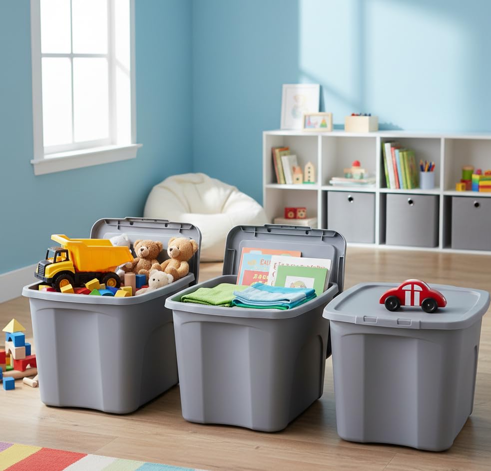 Italhome 3 Cajas Organizadoras de Plástico color Gris, Contenedores Multiusos con Tapa para Almacenamiento Box 87 L