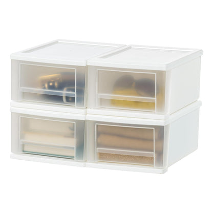 IRIS USA 6.6 L Pequeño Cajón Apilable de Plástico, Paquete de 4, Organizador con Cajón Deslizable para Dormitorio Cocina Debajo del Fregadero Despensa Dormitorio Oficina, Blanco