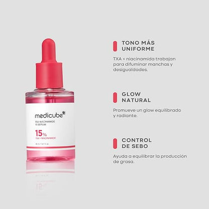 MEDICUBE TXA Niacinamide 15 Serum, Sérum Facial Coreano con 15% TXA + Niacinamida, para Luminosidad, Tono Desigual y Marcas Visibles, 30 ml