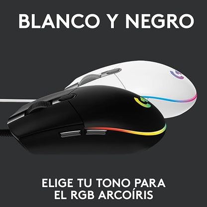 Logitech G203 LIGHTSYNC Mouse Ergonómico con Cable, Iluminación RGB Personalizable, 6 Botones Programables, Seguimiento de hasta 8,000 dpi, Ultra-Ligero - Color Blanco