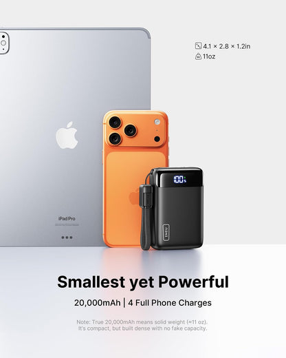 INIU Power Bank, cargador portátil más pequeño de 20000 mAh con cable USB C, 22.5 W PD paquete de batería de teléfono de carga rápida, visualización LED Powerbank para viajes Xiaomi iPhone 17 16 15 14