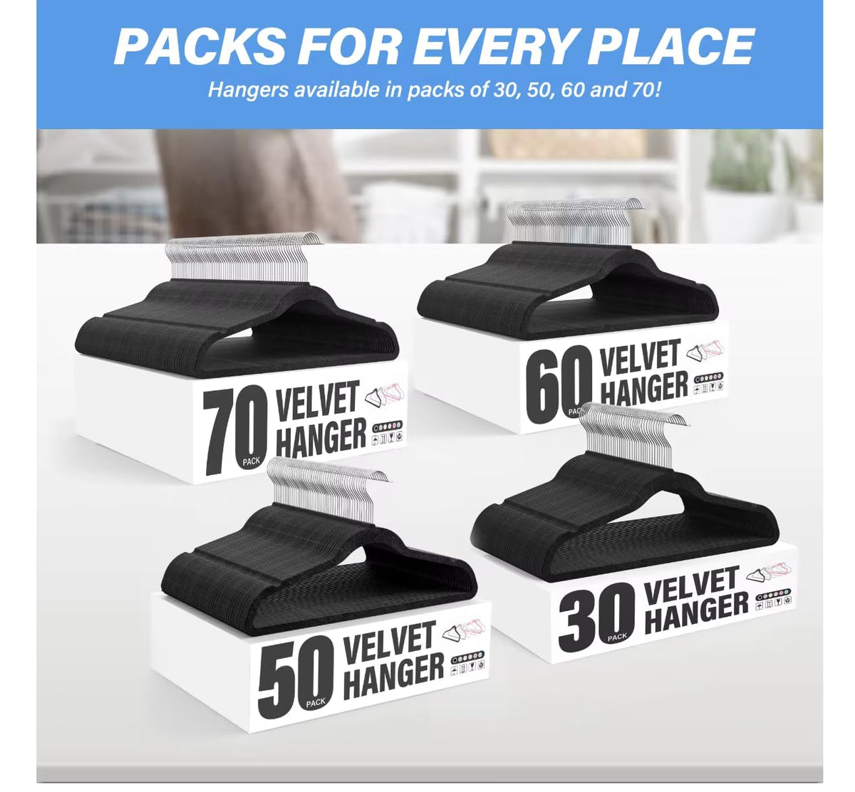 YSSOA - Juego de 60 Perchas de Terciopelo Antideslizantes con Muescas en los Hombros, Ganchos giratorios de 360°, Perchas estándar Resistentes para Ahorrar Espacio en el clóset, Color Negro