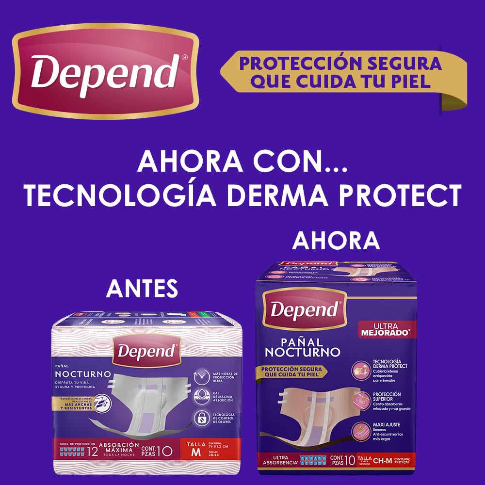Depend Pañal Nocturno para Incontinencia, Talla Mediana, Unisex, Caja con 6 Paquetes de 10 Piezas (60 pañales), ideal para descargas abundantes