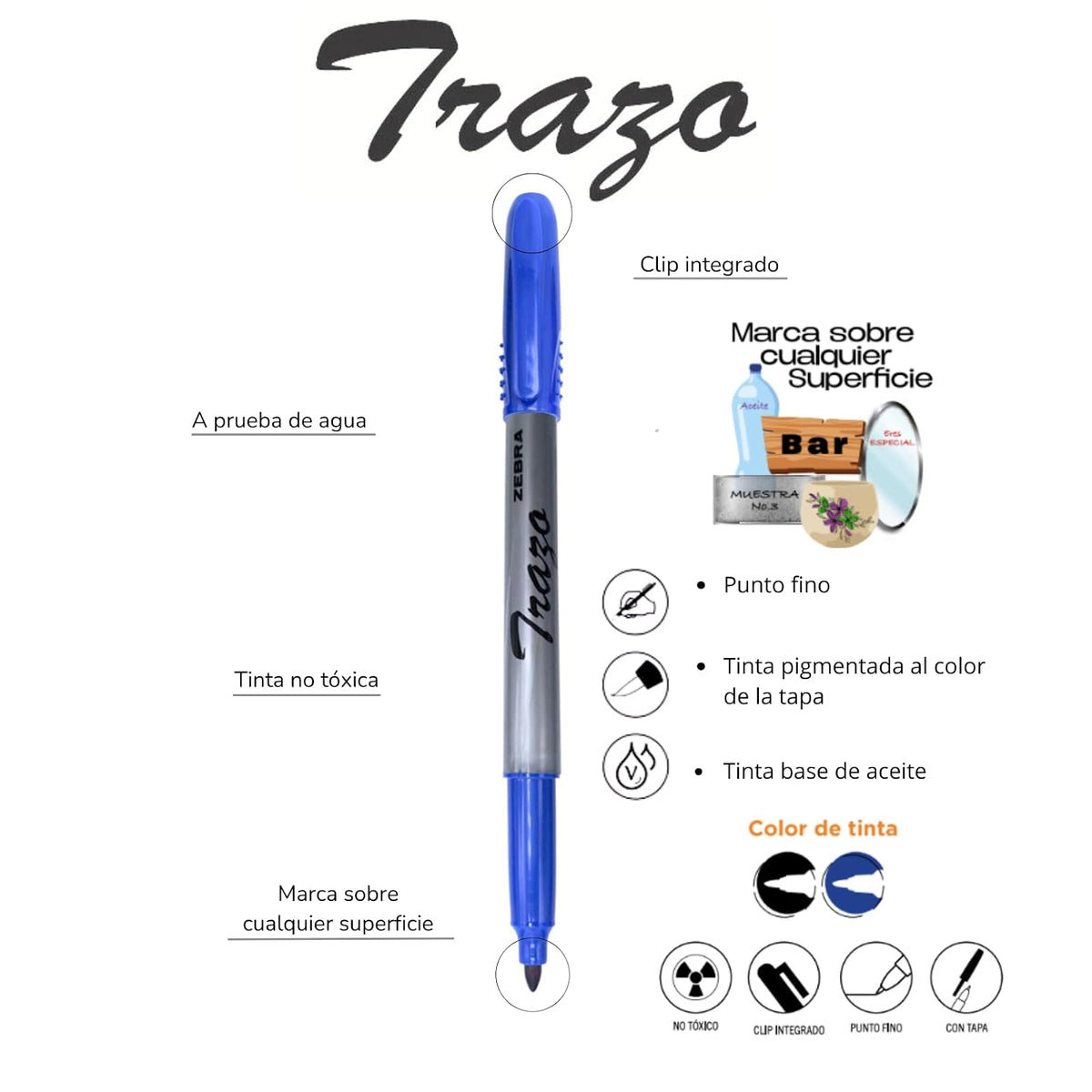Zebra Marcador Trazo De Tinta Permanente Punto Fino Caja 12 Piezas Negro.