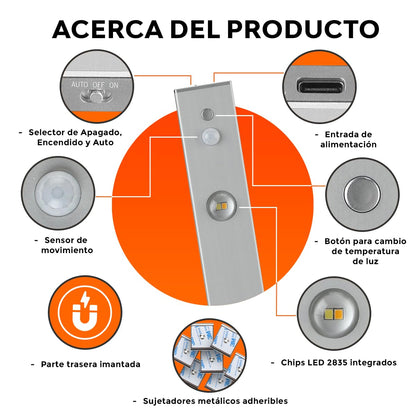 Tecnolite - Lámpara Regleta LED 4.7 W Magnética Recargable 1 m, Luz Blanca Ajustable, Sensor de Movimiento
