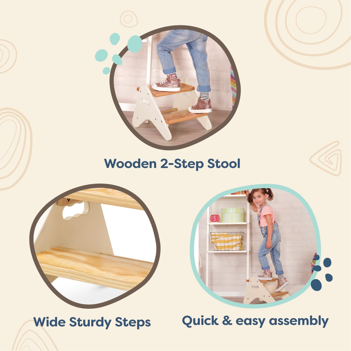 B. toys Peek-A-Boost, Taburete Infantil Marfil de Madera, 2 peldaños | Con asas recortadas, 2 peldaños anchos con textura y llave hexagonal incluida; para baño, cocina o dormitorio; 2 años y +
