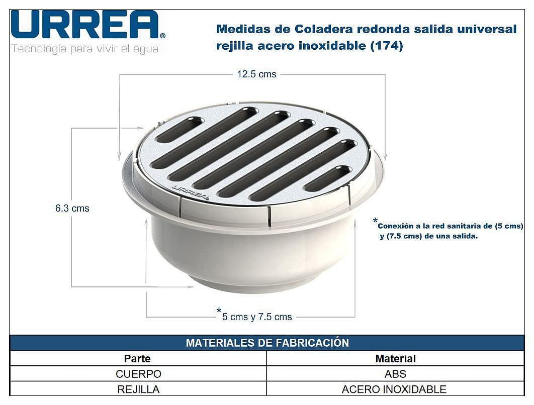 URREA 174 Coladera Redonda Salida Universal, Rejilla de Acero Inoxidable