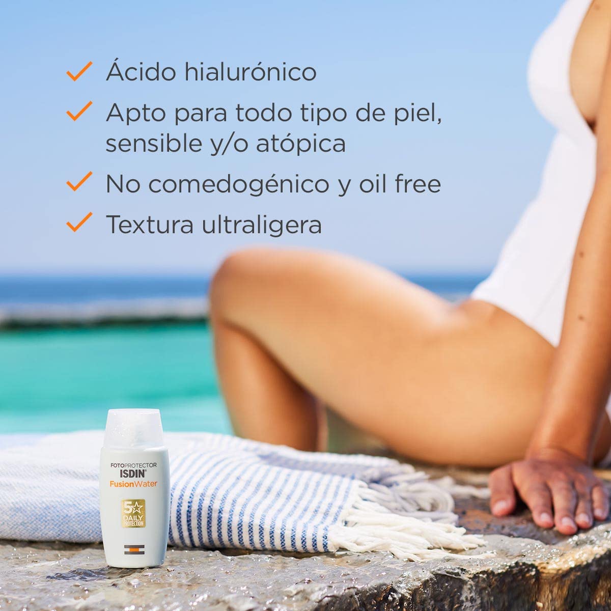 ISDIN Fotoprotector Fusion Water SPF 50, Protector Solar Facial de fase acuosa para uso diario, Textura ultra ligera, 50 ml + reparador labial fluido con acido hialuronico. protege y repara los labios