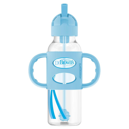 Dr. Brown's Milestones Botella de Paja con Asas de Silicona, 8 oz, 6 Meses+ - Azul - Patchwork