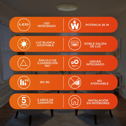 Tecnolite - Lámpara de Techo Plafón LED 36 W, Luz Blanca Ajustable con Aros de Luz, No atenuable