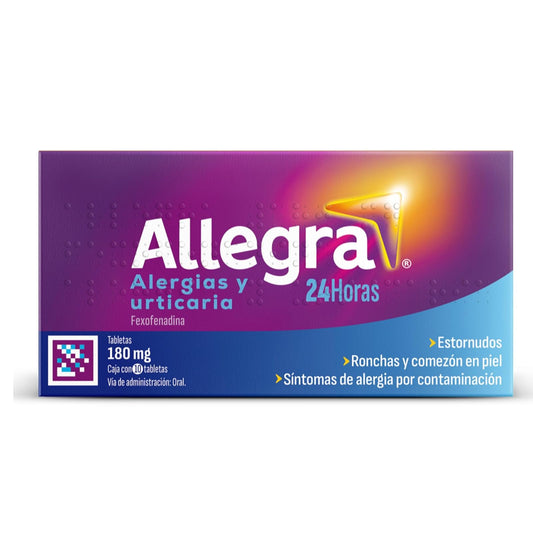 Allegra Antihistamínico para Alergias Severas y Urticaria 10 tabletas x 180 mg. Controla las Alergias Agraviadas por Contaminación. No Causa Sueño