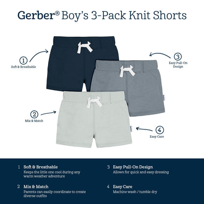 Gerber Paquete de 3 Pantalones Cortos de Punto sin Cierre Pantalones Cortos Informales para Bebé-Niños