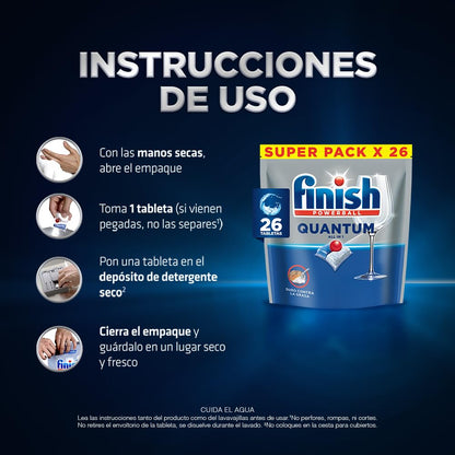 Finish® Quantum Detergente en Tabletas para Lavavajillas, 26 tabletas, Sin necesidad de pre-lavar para una limpieza profunda y duro contra la grasa