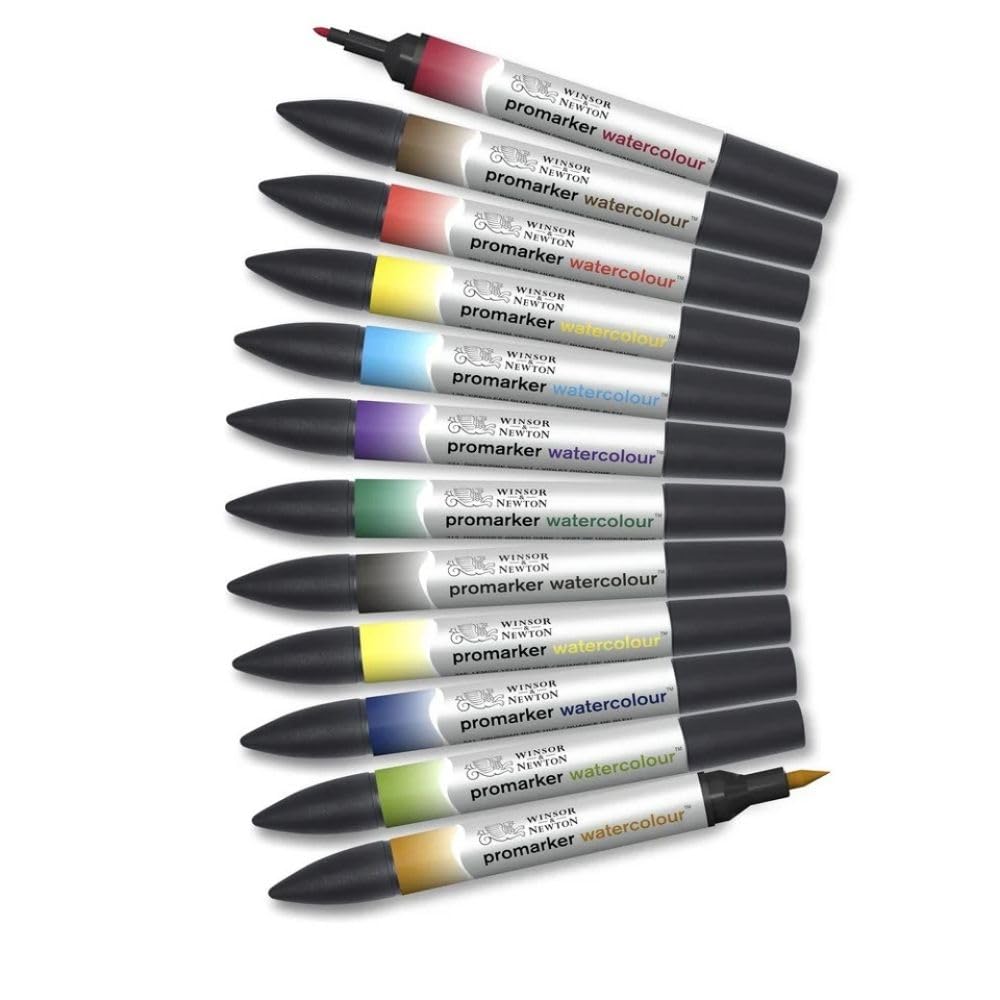 Winsor & Newton ProMarker Set de Marcadores de Acuarela Doble Punta - 12 Count (Pack of 1) - Tonos básicos