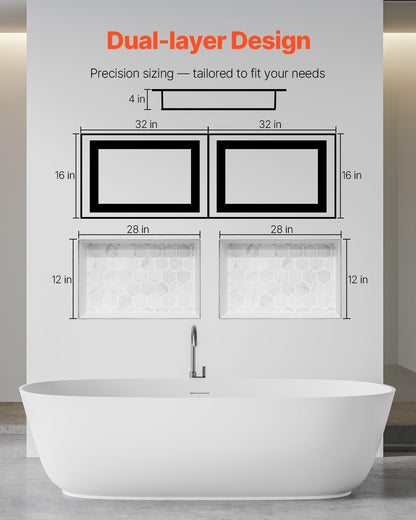 VEVOR Nicho de ducha, 40,6 x 81,2 cm + 40,6 x 81,2 cm, nicho de pared empotrado con estante móvil, organizador moderno de 10,16 cm de grosor para jabón y champú, esquinas cuadradas