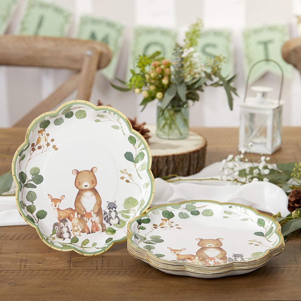 Kate Aspen Woodland - Decoraciones para baby shower, 62 piezas, platos de papel desechables y servilletas, suministros de fiesta para 16 invitados, tema de animales del bosque para decoración de mesa