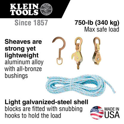 Klein Tools Bloque y Tackle, 750 libras, Compatible con múltiples vehículos, Bloque de polea, Silver, Industrial