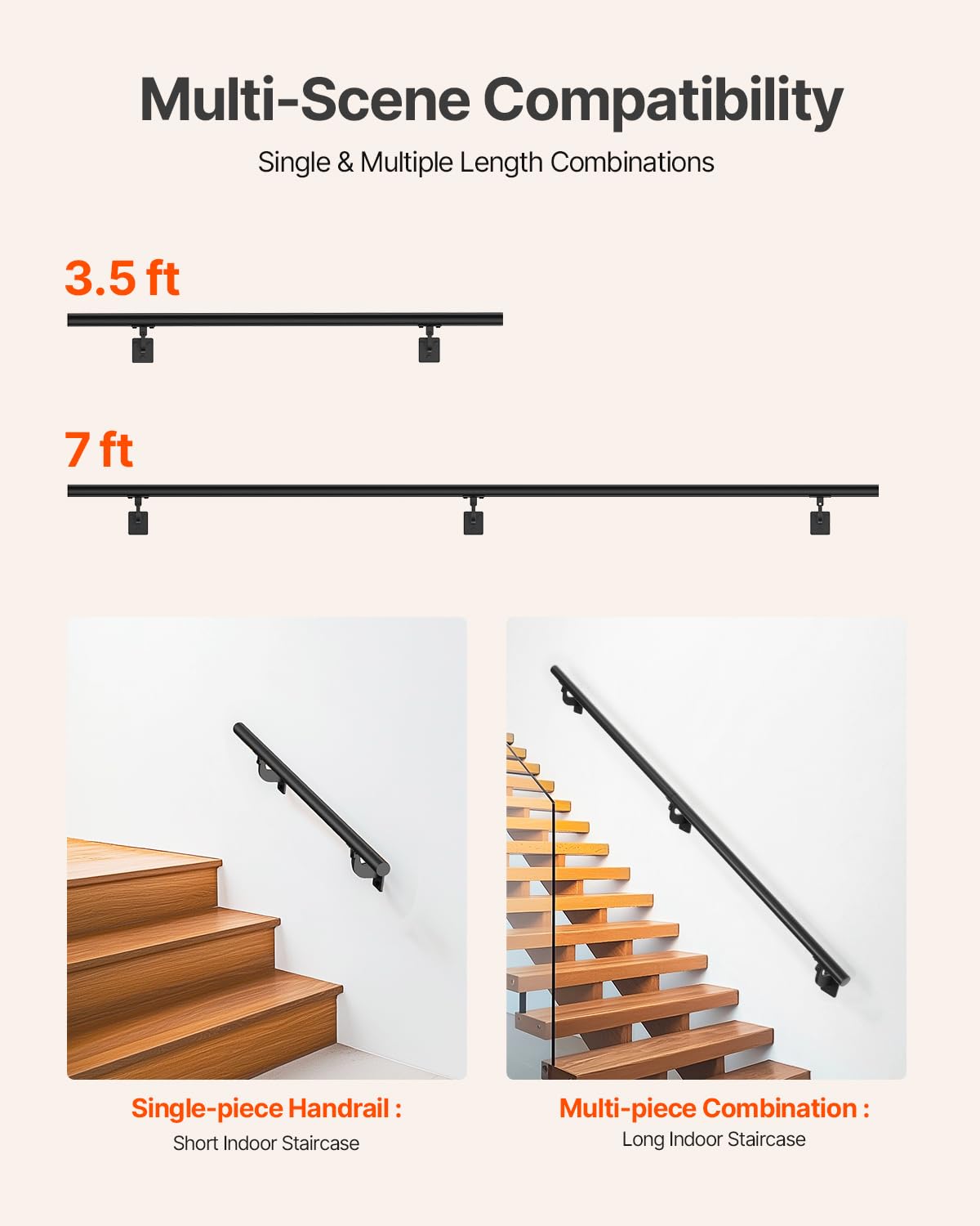 VEVOR Pasamanos de Escalera de Pared, Aluminio Galvanizado Negro, Diámetro de Tubo 32 mm, para Interior y Exterior, Pasamanos Industrial para Escalones, Balaustre de Seguridad, 2130 x 84 x 128 mm