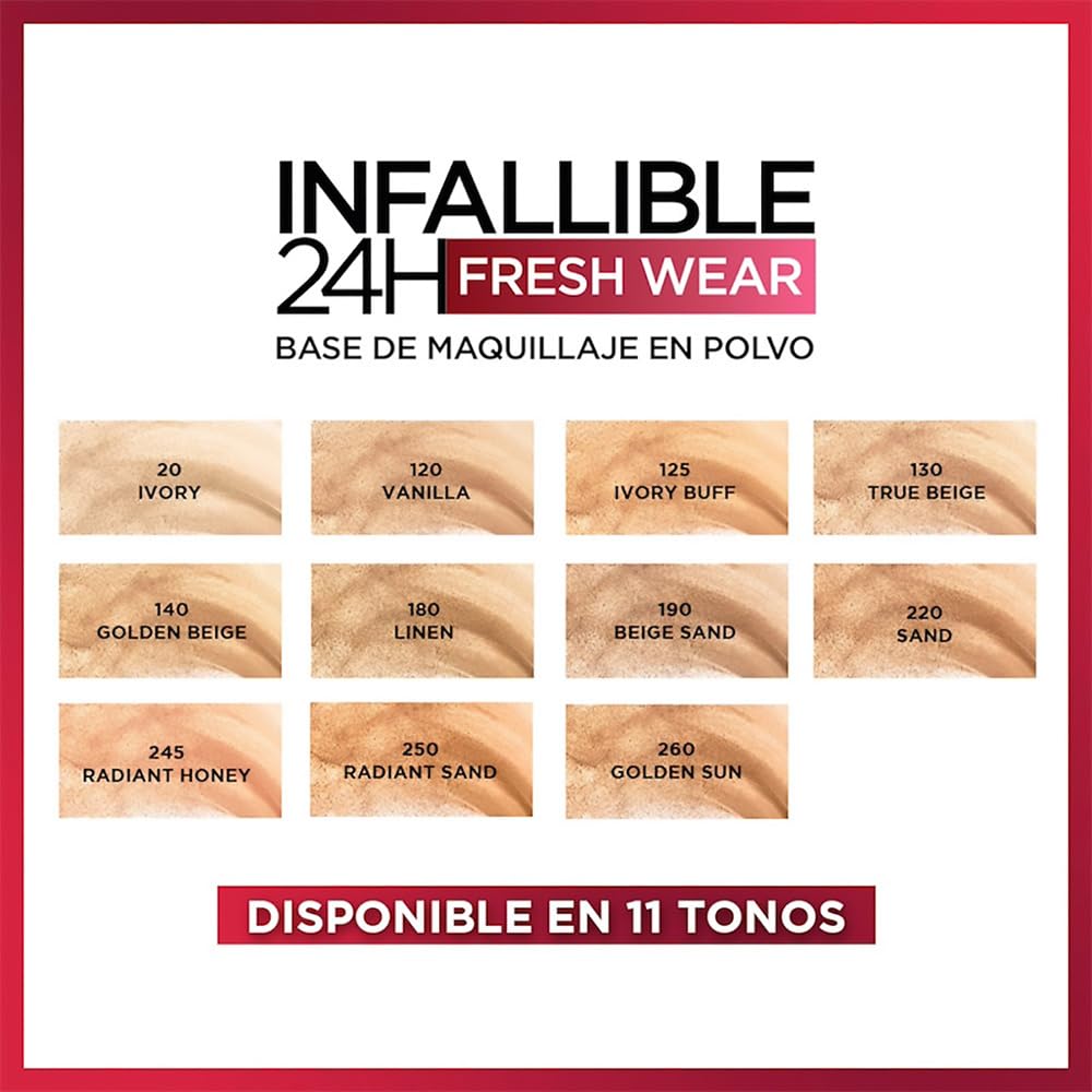 L'Oreal Paris, Infallible 24H Fresh Wear, Base De Maquillaje En Polvo Con Spf 25+, Alta Cobertura Con Acabado Mate, Larga Duración Y Control De Brillo, Tono 120 Vainilla