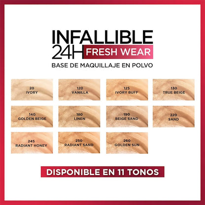 L'Oreal Paris, Infallible 24H Fresh Wear, Base De Maquillaje En Polvo Con Spf 25+, Alta Cobertura Con Acabado Mate, Larga Duración Y Control De Brillo, Tono 120 Vainilla
