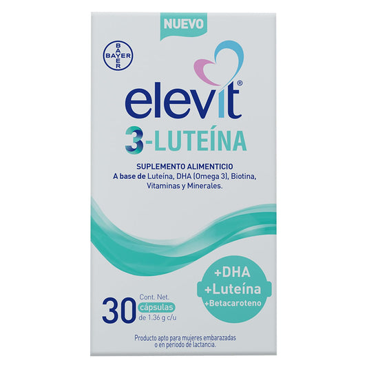 Elevit 3 Luteina Embarazo y Lactancia, Multivitamínico con Ácido Fólico y Hierro, Ayuda el Sano Desarrollo de los Órganos de tu Bebe, Vitaminas para Mujer y Bebé, 30 Comprimdos