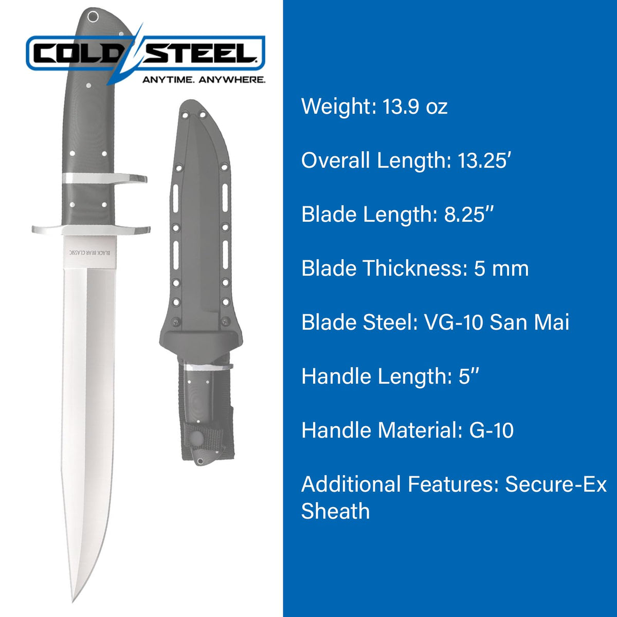 Cold Steel Black Bear Classic VG-10 San MAI III - Cuchilla de Punta de Clip de 5 Pulgadas, Mango G-10, Cuchillo de Hoja Fija con Funda Secure-Ex