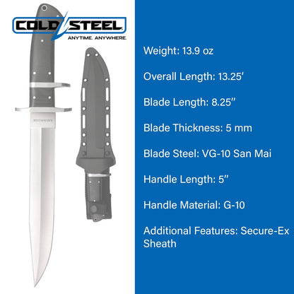 Cold Steel Black Bear Classic VG-10 San MAI III - Cuchilla de Punta de Clip de 5 Pulgadas, Mango G-10, Cuchillo de Hoja Fija con Funda Secure-Ex