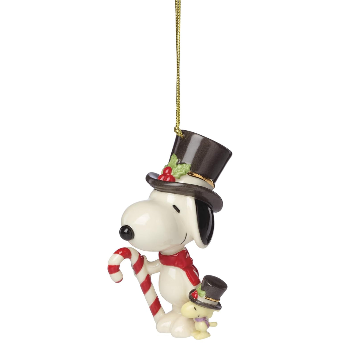 Lenox 896793 Snoopy & Woodstock con Adorno de bastón de Caramelo | Cacahuetes de porcelana coleccionable | Cordón dorado para colgar | Gran regalo para fanáticos y coleccionistas | 4 pulgadas