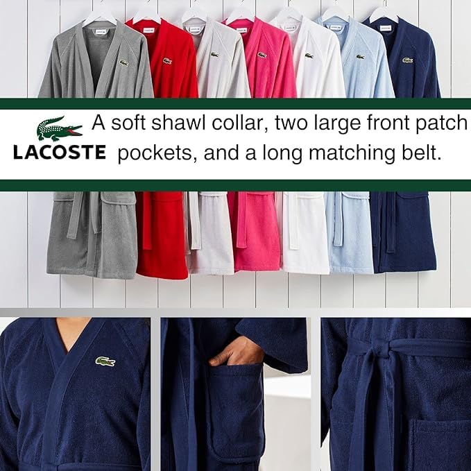 Lacoste Bata de baño clásica de piqué 100% algodón, 41.5 pulgadas de largo, iris negro