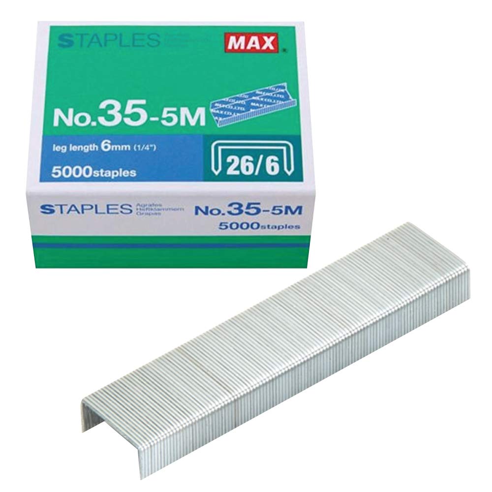 Grapas estándar Max 35-5M para EE.UU.; longitud de pierna: 6 mm (1/4 pulgadas), 100 grapas por palo, para uso con Max HD-50, HD-50R, HD-50F y otras grapadoras estándar, longitud de pierna de 0,6 cm, ancho de corona de 1,3 cm, 5000 unidades