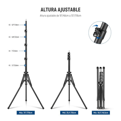NEEWER Soporte de Luz con 180° Patas Reversibles, 178cm Trípode de Viaje Plegable para Luces de Anillo Luces de Fotografía con Tornillo de 1/4" 3/8", Bolsa para Softbox Estroboscópico Speedlite, ST70R