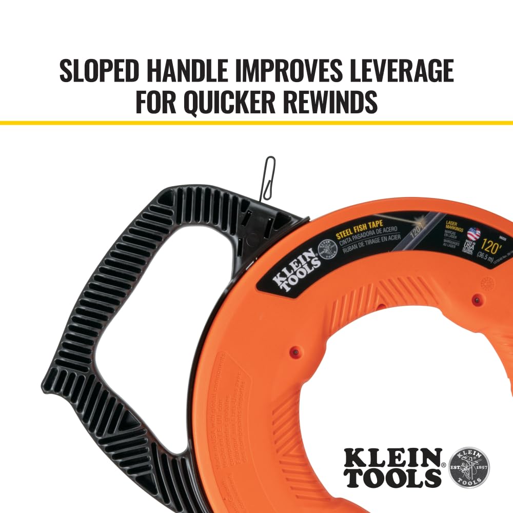 KLEIN TOOLS 56333 | Guía Jalacables De Acero | 37 M | Punta Con Doble Bucle | Jala cable con menos complicaciones usando una guía de acero de 37 m, con punta de doble bucle y agarre cómodo.