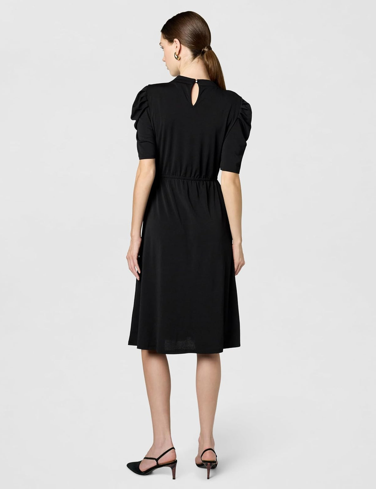 Adrianna Papell Vestido Midi de Punto sólido con Cuello y Volantes y Manga Plisada Vestido Informal Mujer