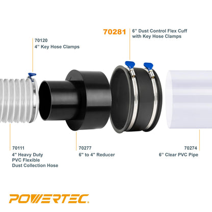 POWERTEC 70362 Reductor de recogida de polvo de 6 pulgadas OD a 4 pulgadas OD con puño flexible de control de polvo de 6 pulgadas