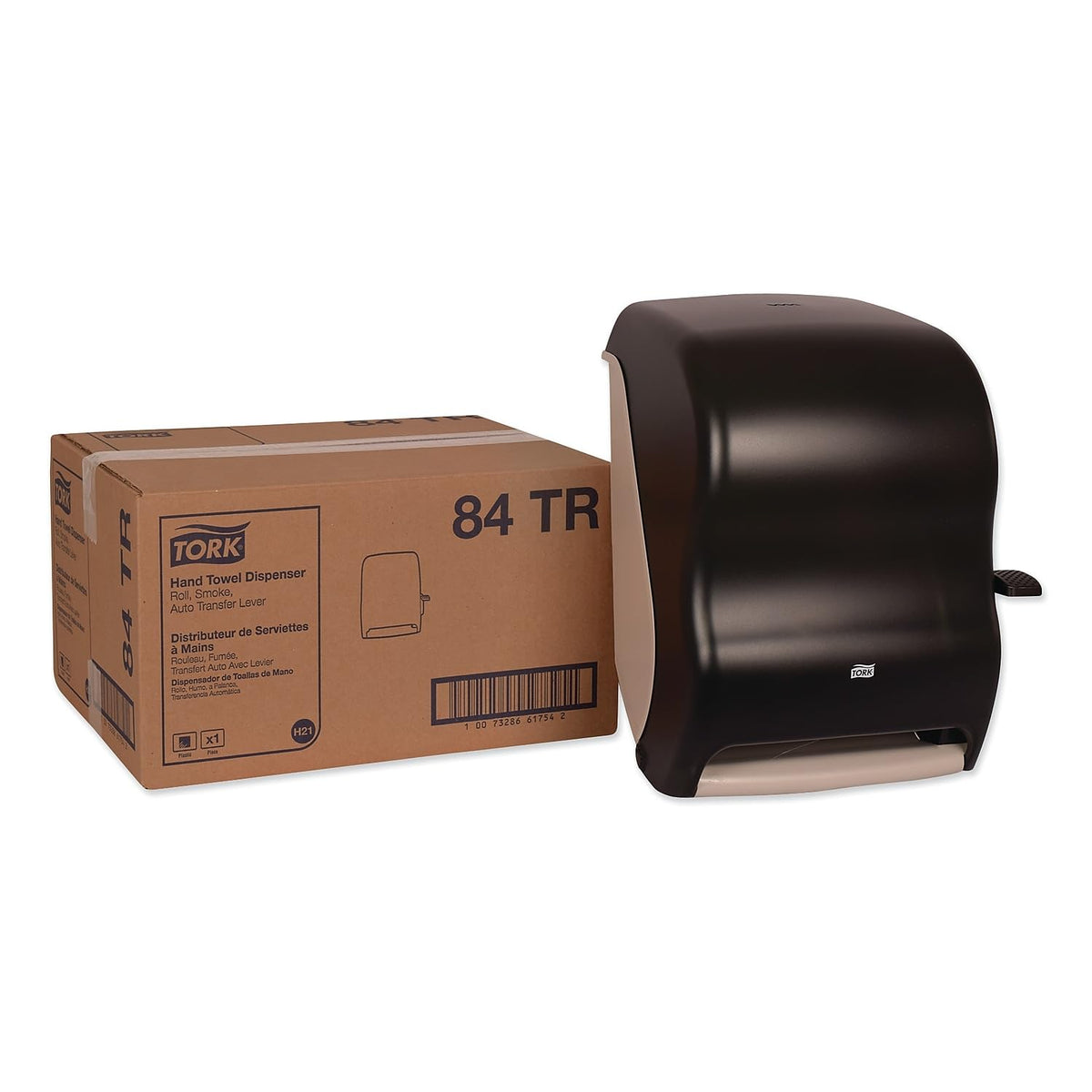 Tork Dispensador de Rollo de Toallas de Mano, Humo, H21, Palanca de Transferencia automática, Mango de Empuje, Alta Capacidad, translúcido, 84TR