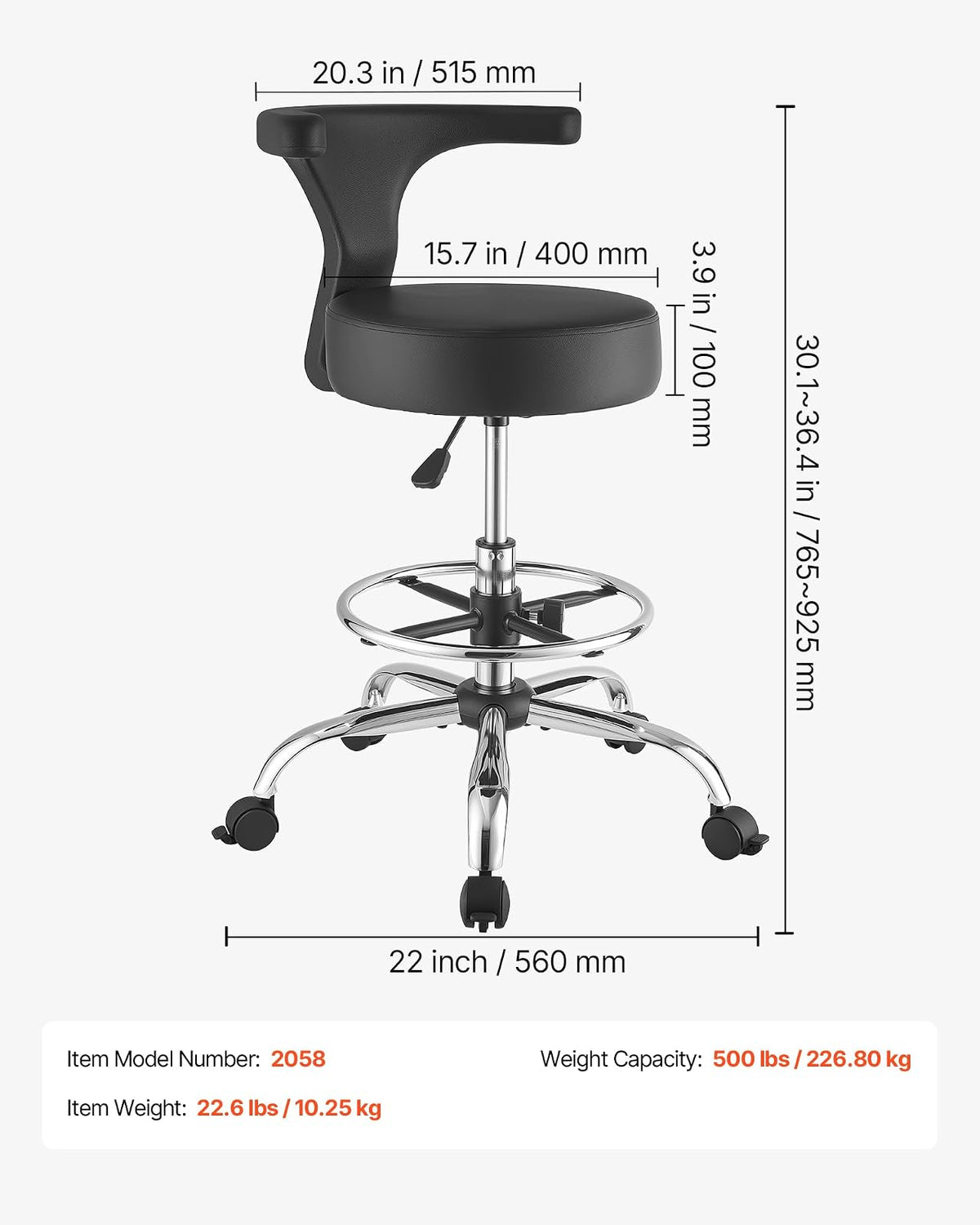 VEVOR Taburete Giratorio de Trabajo, Taburete con Respaldo Reposapiés y Ruedas, Ajustable 54-70 cm, Giro 360°, Capacidad de Carga 226,8 kg, Asiento Ergonómico Acolchado, Silla para Oficina Clínica