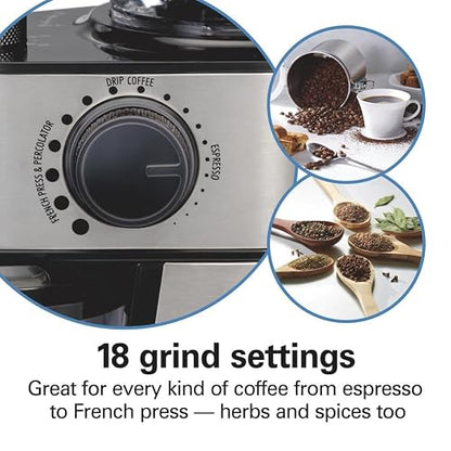 Hamilton Beach Molinillo de café eléctrico con tolva grande de 16 onzas y 18 ajustes para 2-14 tazas, acero inoxidable (80385)