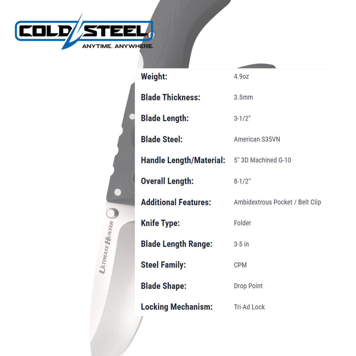 Cold Steel Ultimate Hunter Folder 3.5 in Plain G-10